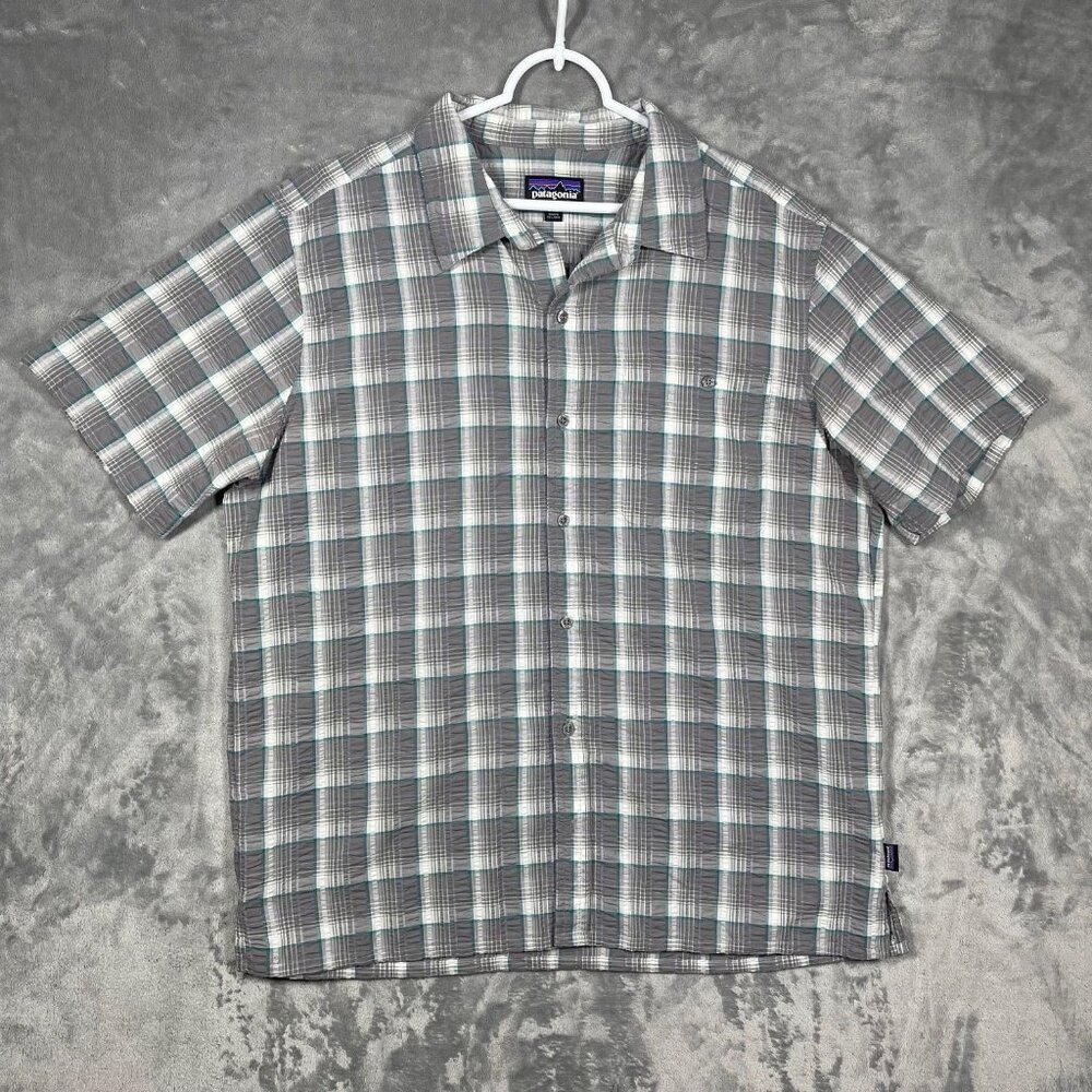 Patagonia Plaid Seersucker Short Sleeve Button Mens‎ XL Shirt Gray White Teal